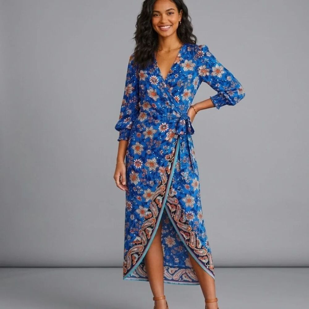 Zara Floral Megane Wrap Dress Blue Orange Size Large New
